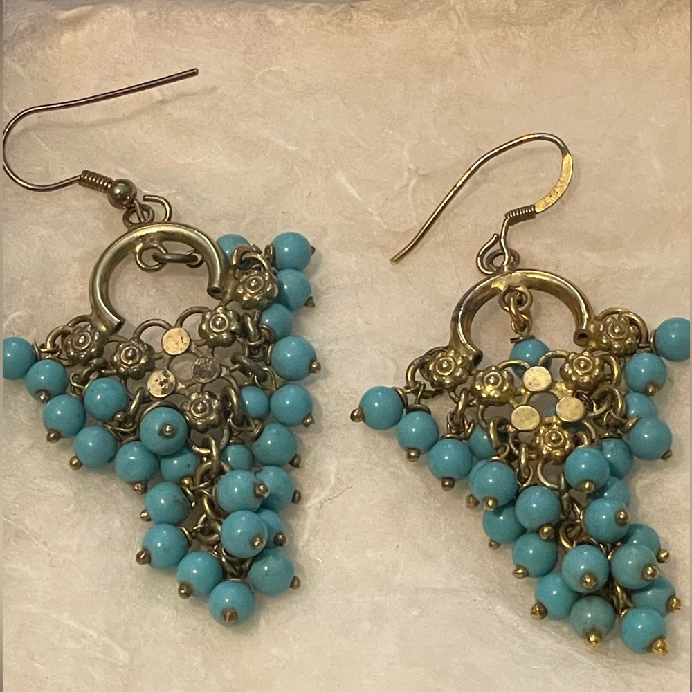 Vintage Peacock Blue and Silver Chandelier French Wore Earrings